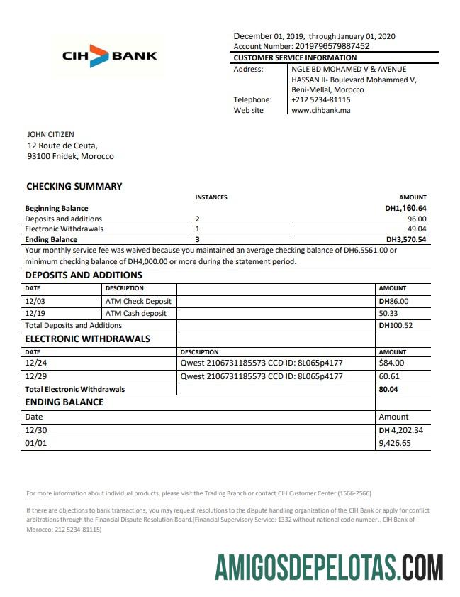 Modelo de comprovante de endereço do Banco CIH para impressão em formato Word e PDF